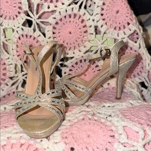 Sparkling Gold T-Strap High Heel Sandals - Women